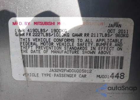 2012 Mitsubishi Lancer Se z USA, uszkodzony, nr VIN JA32V2FW0CU005812